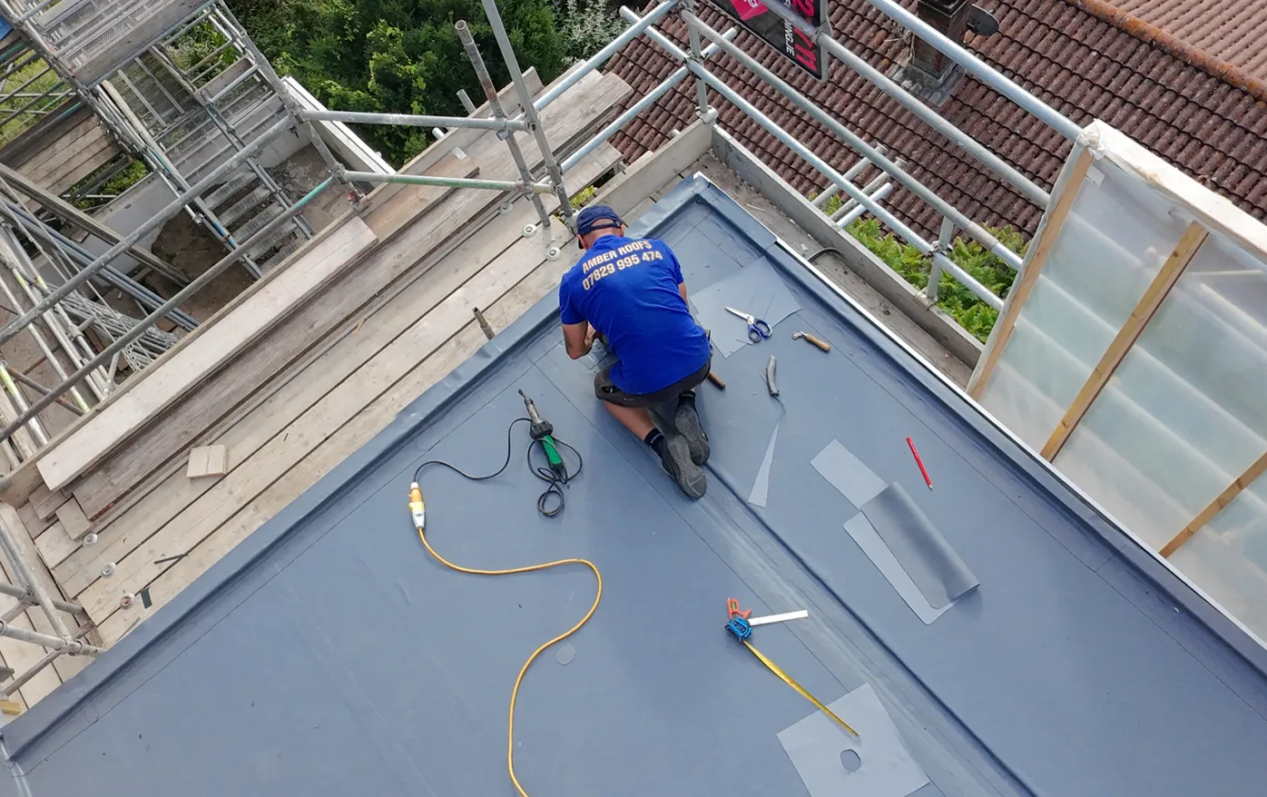 Membrane Install On Site - flat roofing project by Amber Roofs in Jersey